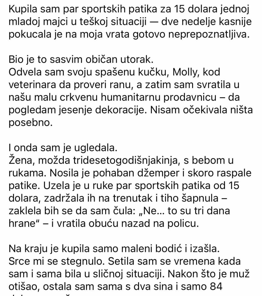 Kupila sam par sportskih cipela za 15 dolara jednoj mladoj majci u teškoj situaciji — posle dve nedelje pokucala je na moja vrata gotovo neprepoznatljiva. - featured image