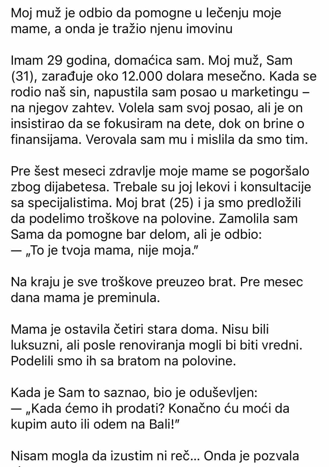 Moj muž nije pomagao u lečenju moje majke, a onda se zainteresovao za njen nasledstvo. - featured image Moj muž nije pomagao u lečenju moje majke, a onda se zainteresovao za njen nasledstvo. - featured image
