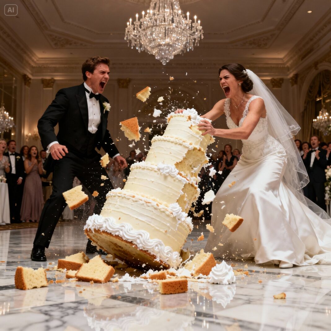 Dok sam podizala nož da prerežem svadbenu tortu, sestra me čvrsto zagrlila i šapnula: „Gurni je. Sad.“ Pogledala sam je, pa svog nasmiješenog mladoženju. Bez razmišljanja, zalupila sam kolica s tortom, poslavši cijelu tortu na tri kata na pod dok su gosti vrištali. - featured image