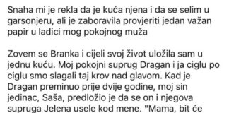 Snaha mi je rekla da je kuća njena i da se selim u garsonjeru, ali je zaboravila provjeriti jedan važan papir u ladici mog pokojnog muža Snaha mi je rekla da je kuća njena i da se selim u garsonjeru, ali je zaboravila provjeriti jedan važan papir u ladici mog pokojnog muža - featured image