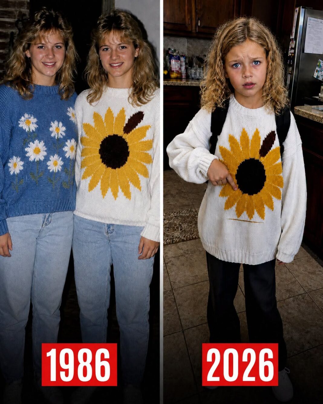 Moja sestra blizanka nestala je u svom džemperu sa suncokretom na naš 16. rođendan 1986. – 40 godina kasnije, moja unuka došla je kući noseći ga… i rekla: “Dala mi ga je čistačica škole” - featured image Moja sestra blizanka nestala je u svom džemperu sa suncokretom na naš 16. rođendan 1986. – 40 godina kasnije, moja unuka došla je kući noseći ga… i rekla: “Dala mi ga je čistačica škole” - featured image