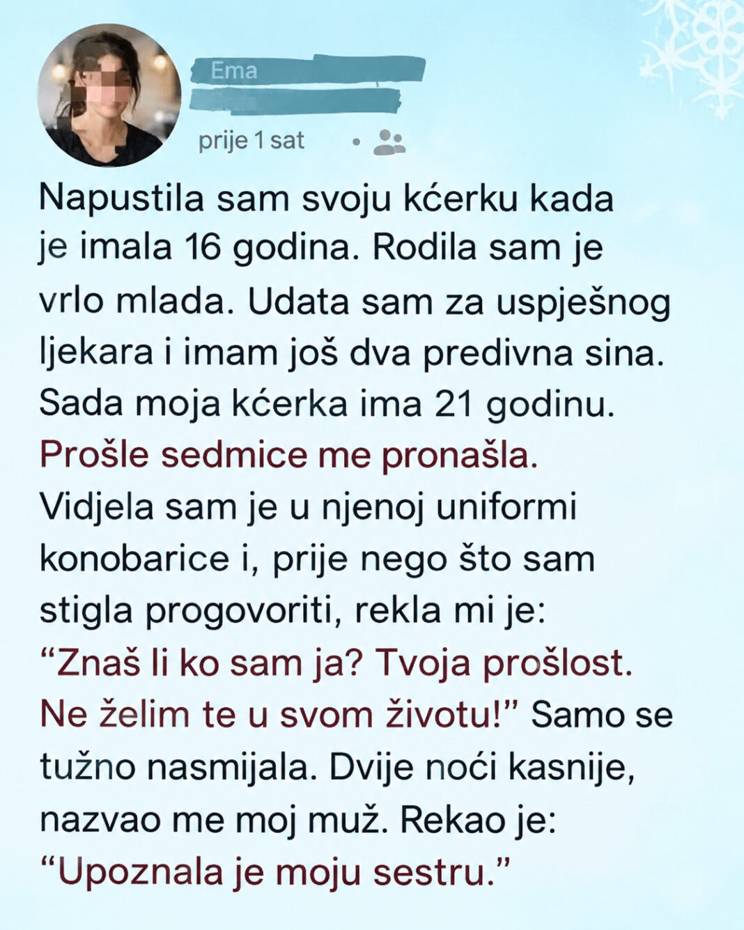 Sa 16 godina odrekla se kćerke i pokušala zakopati prošlost, a 21 godinu kasnije stigao je kontakt koji je sve vratio - featured image Sa 16 godina odrekla se kćerke i pokušala zakopati prošlost, a 21 godinu kasnije stigao je kontakt koji je sve vratio - featured image